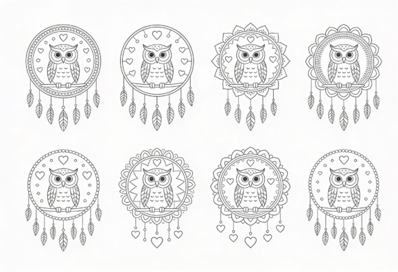 Boho Owl Dreamcatcher Coloring Pages: Graphics for Crafts