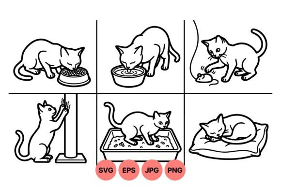 Cat Care Daily Activity Icons: Clean Graphics & Illustrations