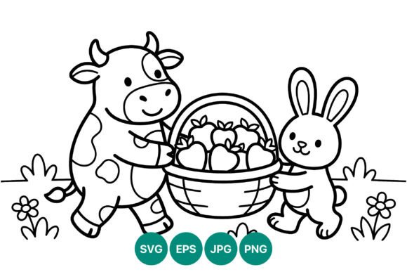 Cow and Rabbit Apple Basket Coloring: Playful Graphics & Illustrations