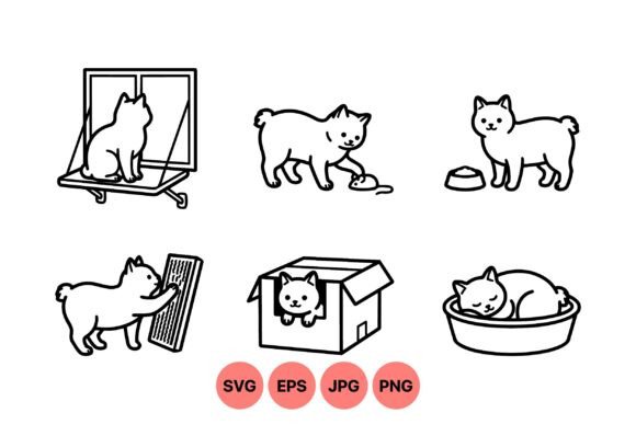 Cute Cat Activity Outline Icons: Graphics & Illustrations