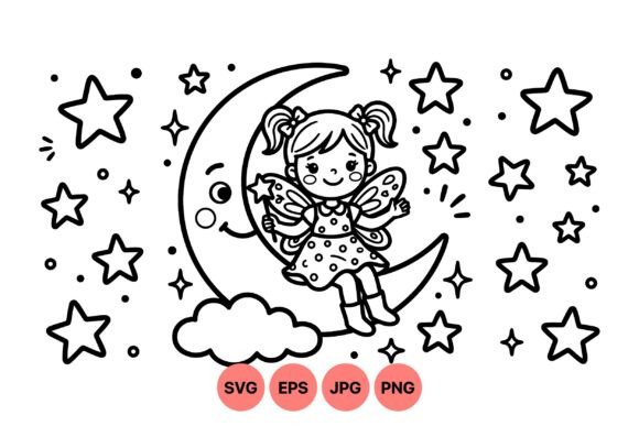 Cute Fairy Moon Coloring Design: Graphics & Illustrations