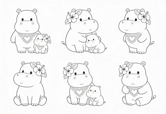 Cute Hippo Mom and Baby Coloring Pages: Graphics for Crafts & Content