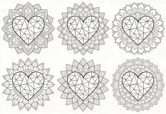Geometric Heart Mandala Coloring Pages: Graphics for Crafts-Driven Branding