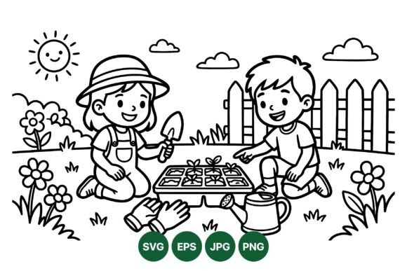 Kids Gardening Cute Coloring Art: Graphics & Illustrations