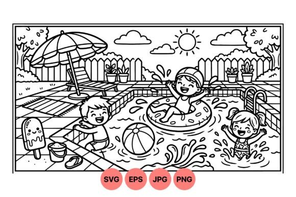 Kids Pool Time Coloring Page: Graphics & Illustrations