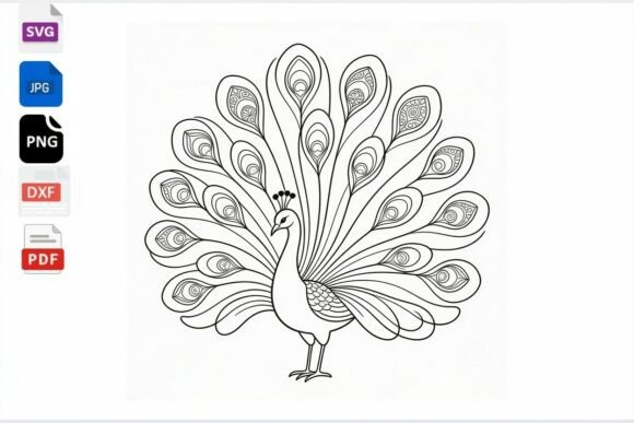 Peacock Coloring Page SVG PNG JPG PDF for Crafts & Graphics