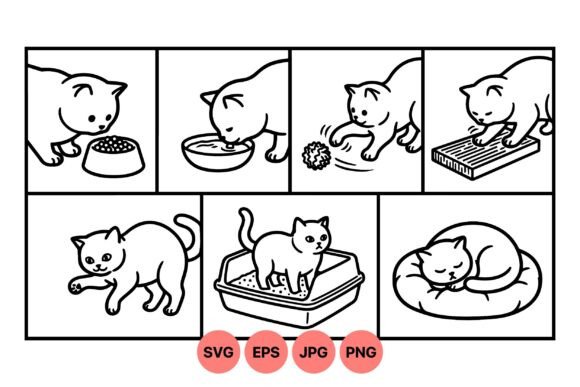 Playful Cat Activity Line Art