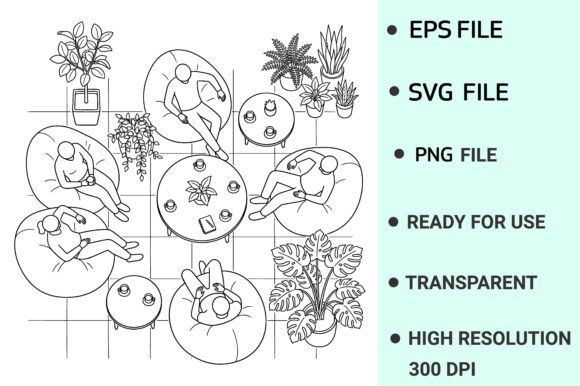 Top View Cafe Activity CAD Outline: Graphics & Illustrations